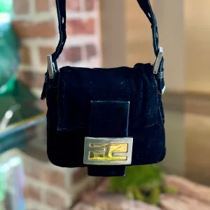 FENDI Mini Black Velvet Baguette Shoulder Bag