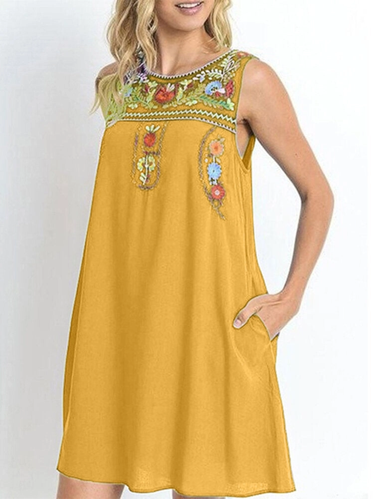 Flower Embroidery Crew Neck Sleeveless Loose Pockets Women Midi Dress