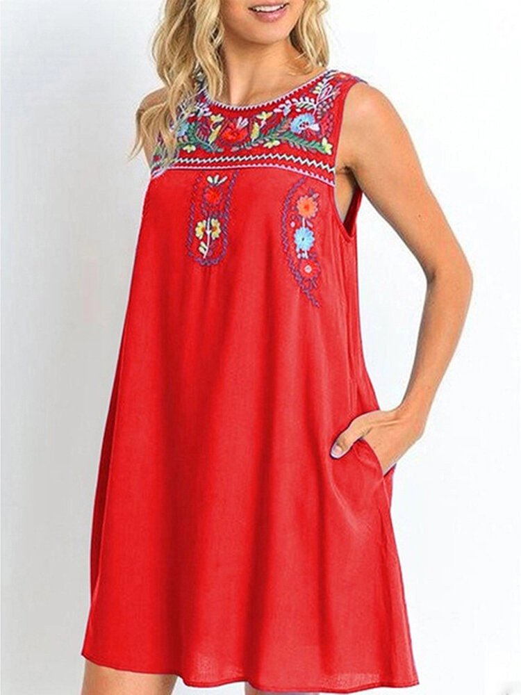 Flower Embroidery Crew Neck Sleeveless Loose Pockets Women Midi Dress