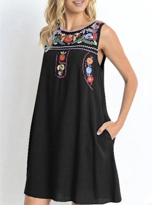 Flower Embroidery Crew Neck Sleeveless Loose Pockets Women Midi Dress