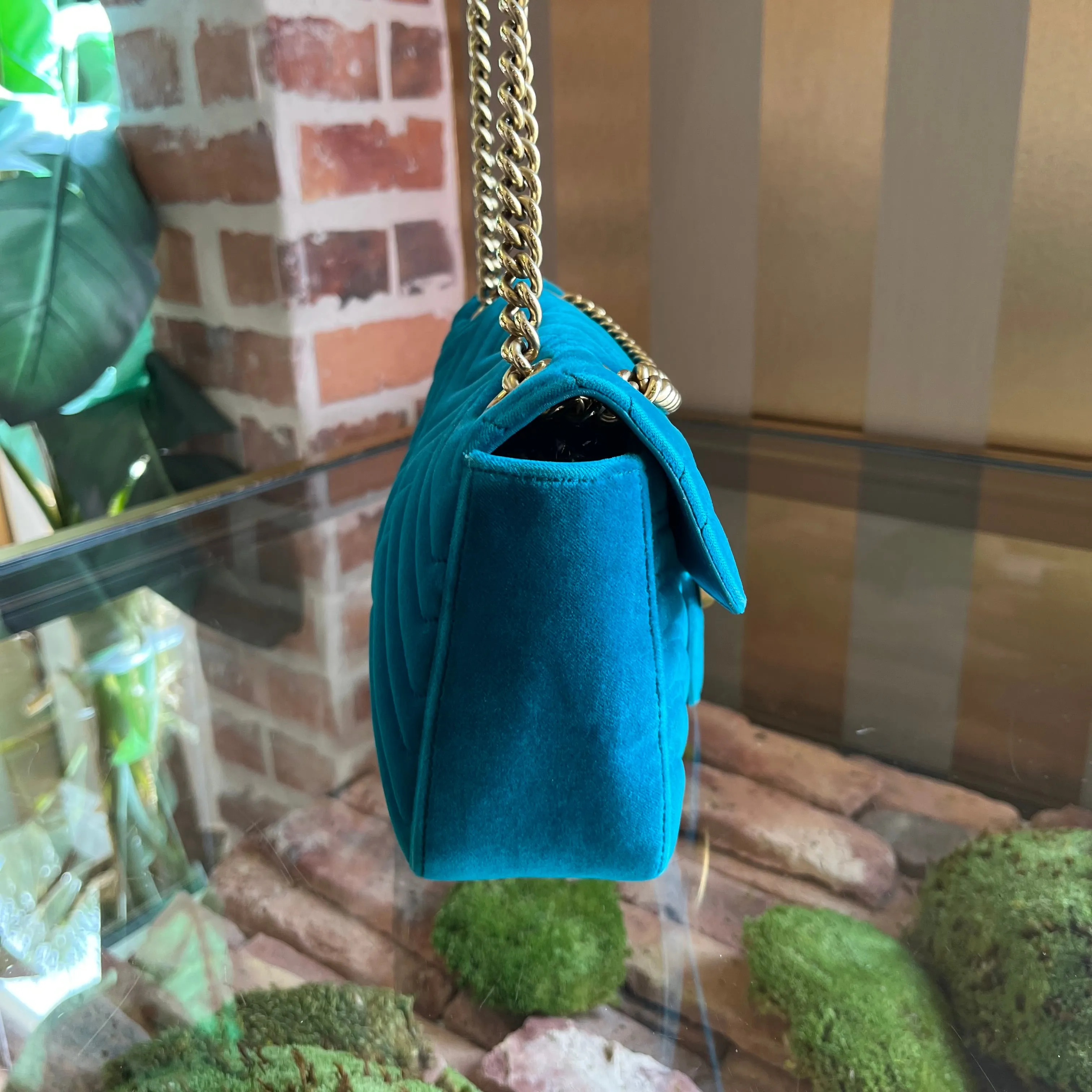 GUCCI Double G Marmont Small Teal Velvet Flap Shoulder Bag