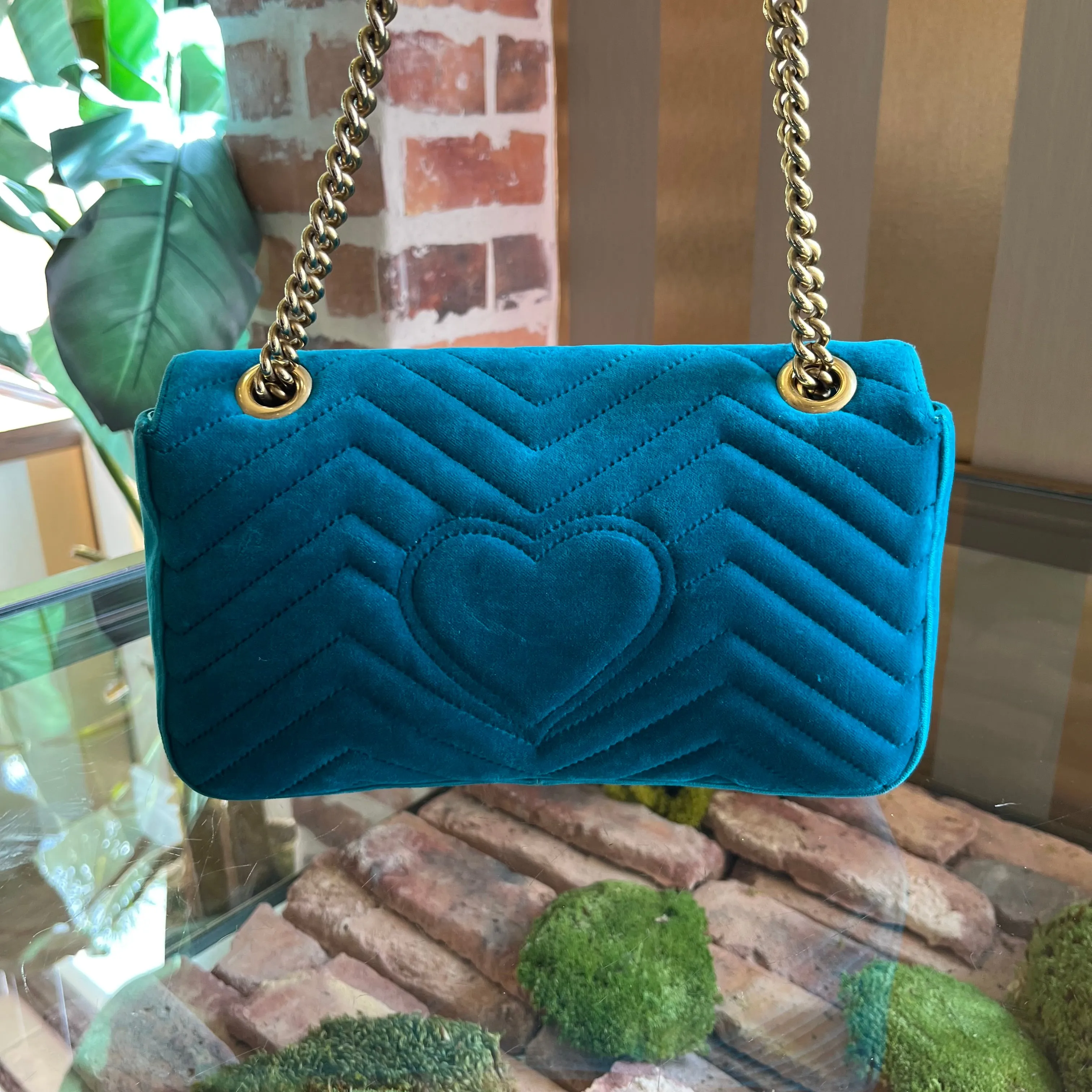 GUCCI Double G Marmont Small Teal Velvet Flap Shoulder Bag