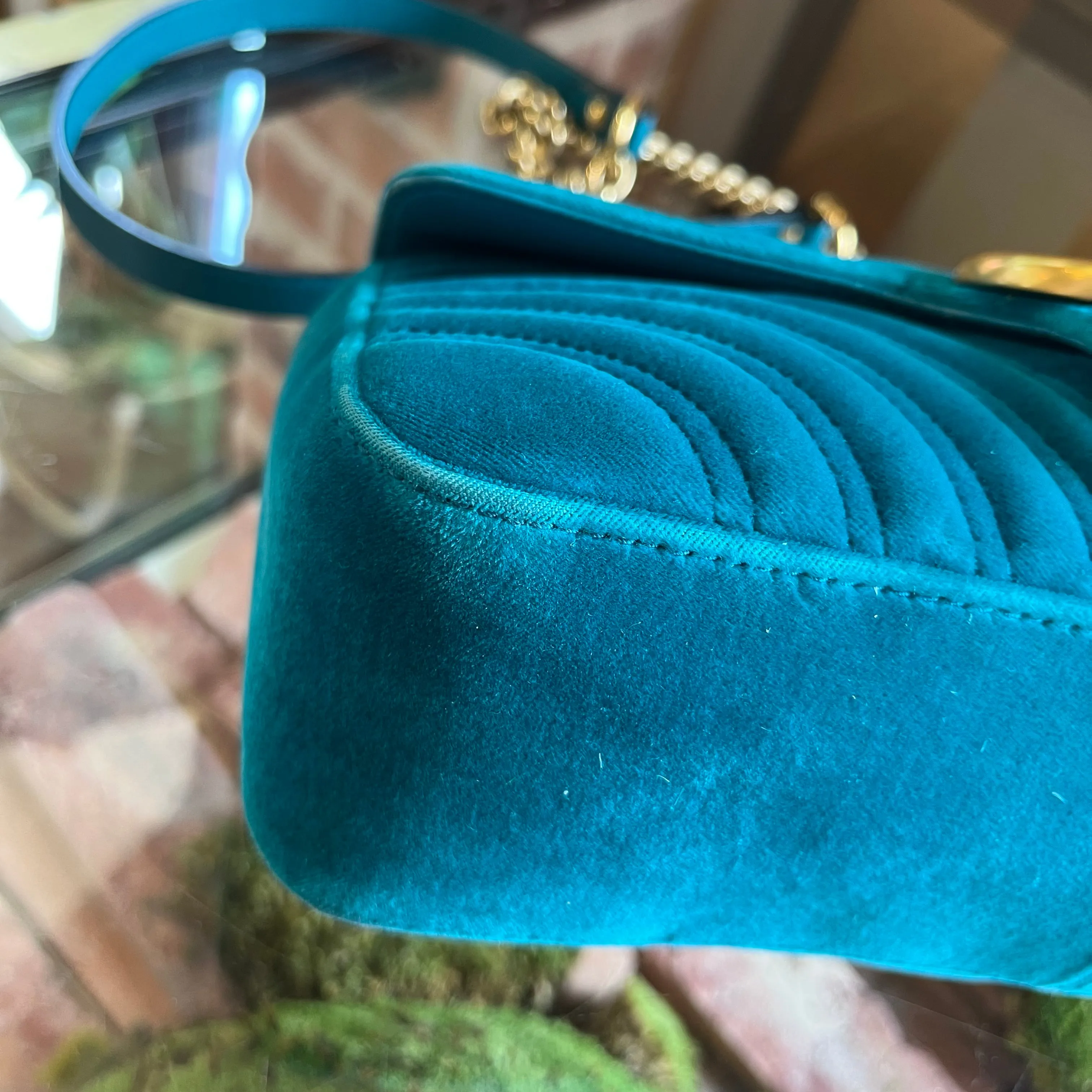 GUCCI Double G Marmont Small Teal Velvet Flap Shoulder Bag