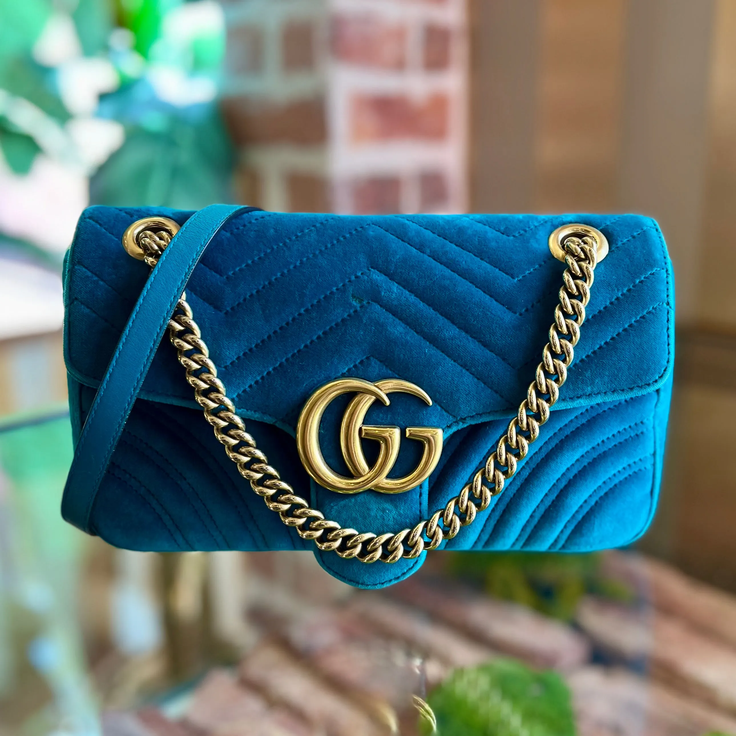 GUCCI Double G Marmont Small Teal Velvet Flap Shoulder Bag