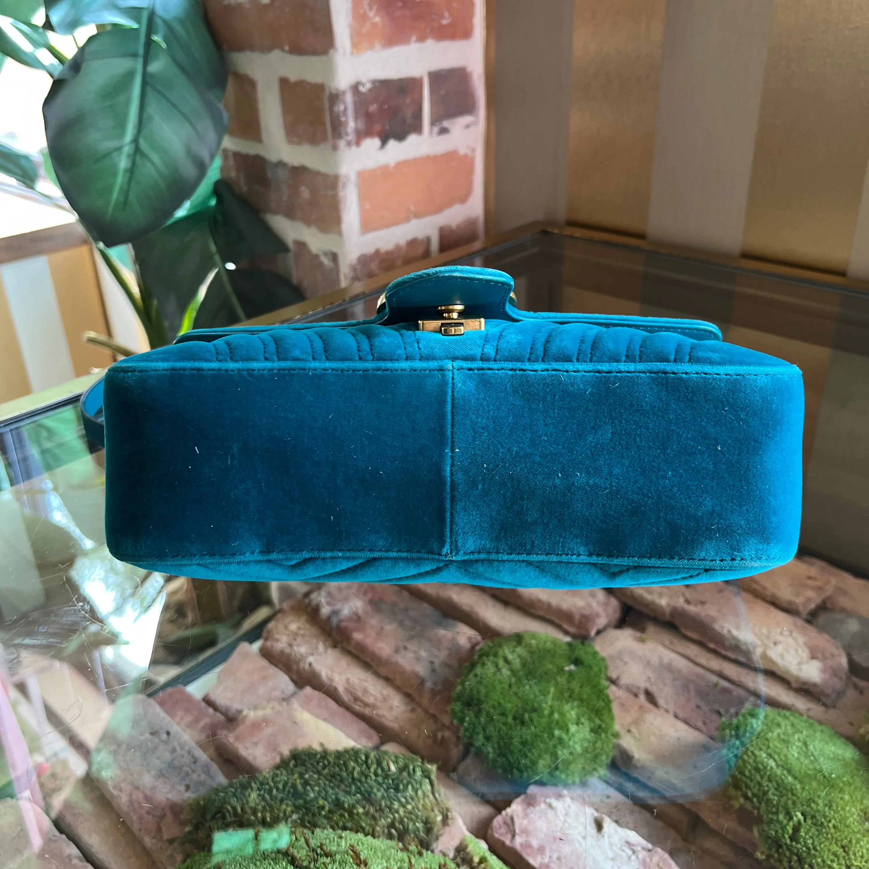 GUCCI Double G Marmont Small Teal Velvet Flap Shoulder Bag