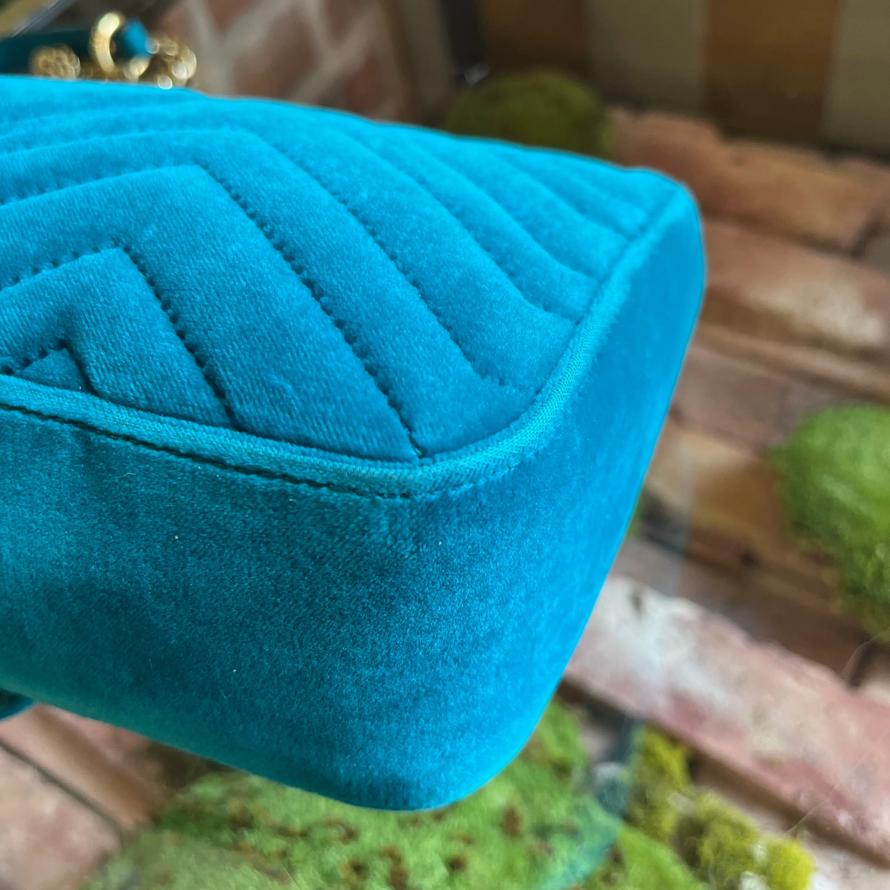 GUCCI Double G Marmont Small Teal Velvet Flap Shoulder Bag