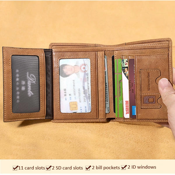 Men Genuine Leather Vintage Short Wallet Slim Money Card Holder with 11 Card Slots