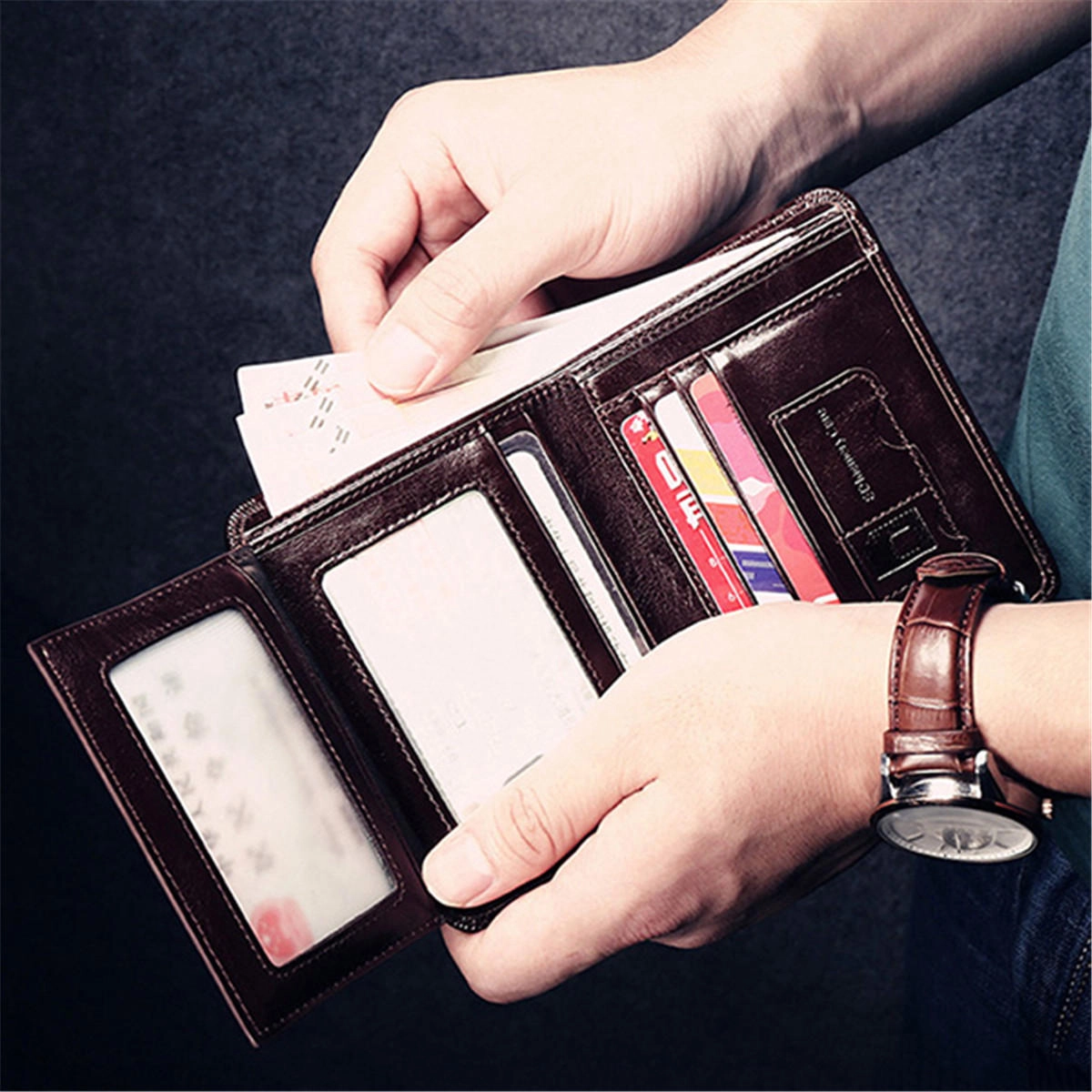 Men Genuine Leather Vintage Short Wallet Slim Money Card Holder with 11 Card Slots