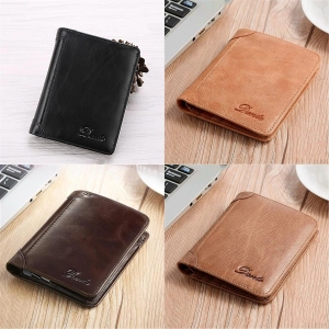 Men Genuine Leather Vintage Short Wallet Slim Money Card Holder with 11 Card Slots