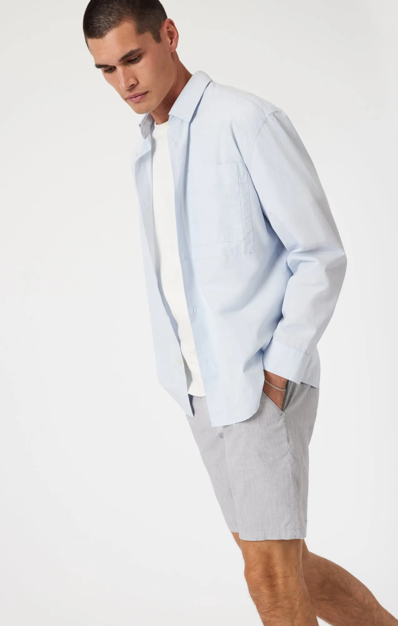 NOAH SHORTS IN LIGHT GREY LINEN STRIPE