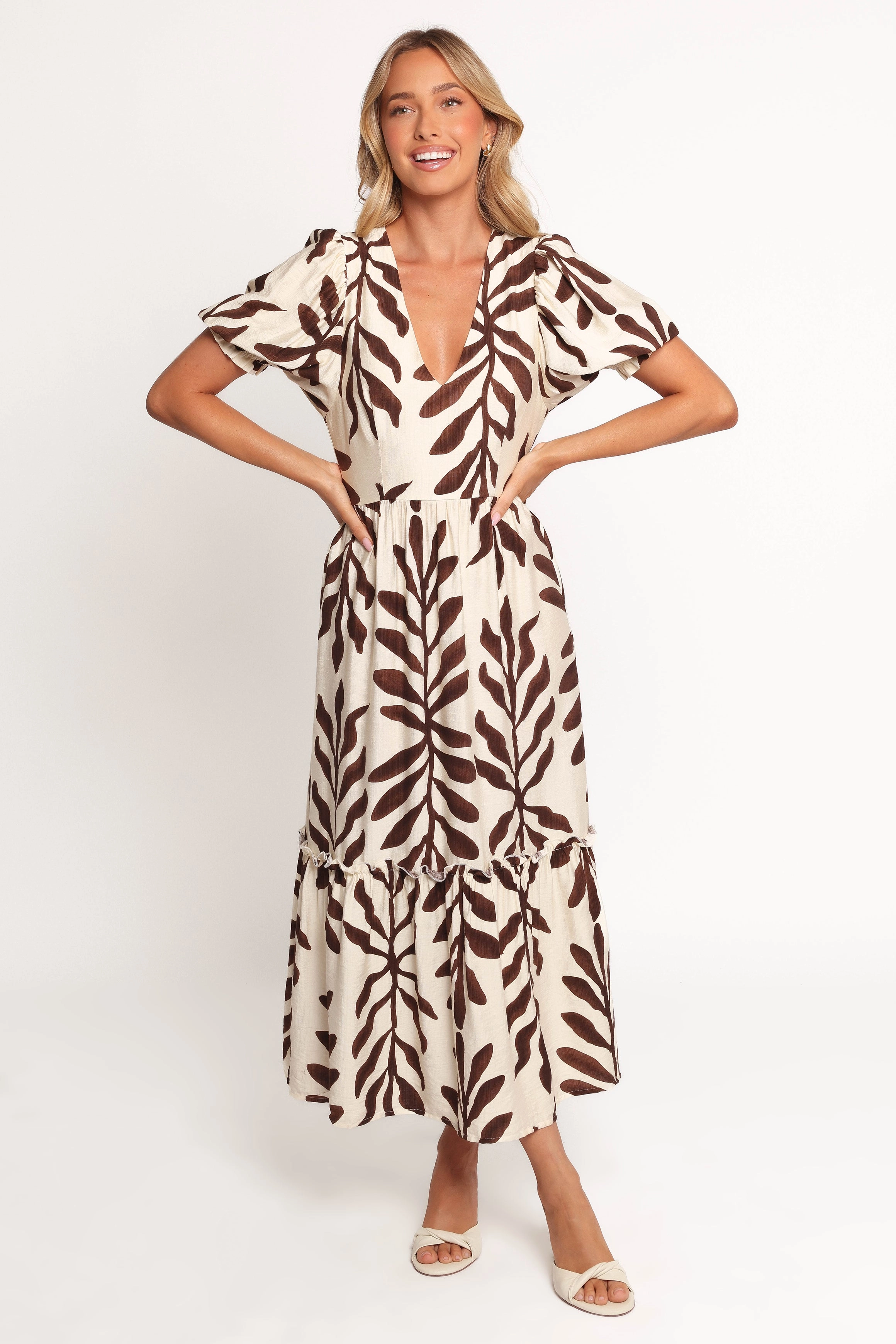 Steele Puff Sleeve Midi Dress - Brown Palm