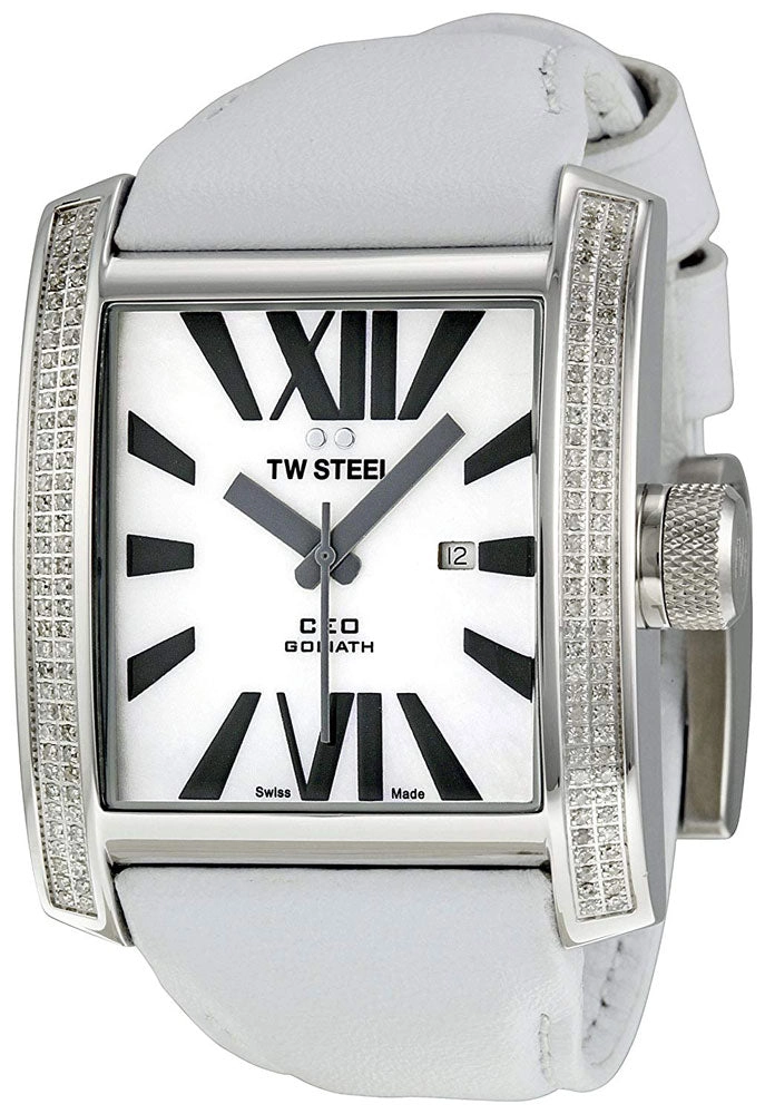 TW Steel CEO Goliath Stainless Steel White Leather Diamonds Mother of Pearl Quartz Unisex Watch CE3015