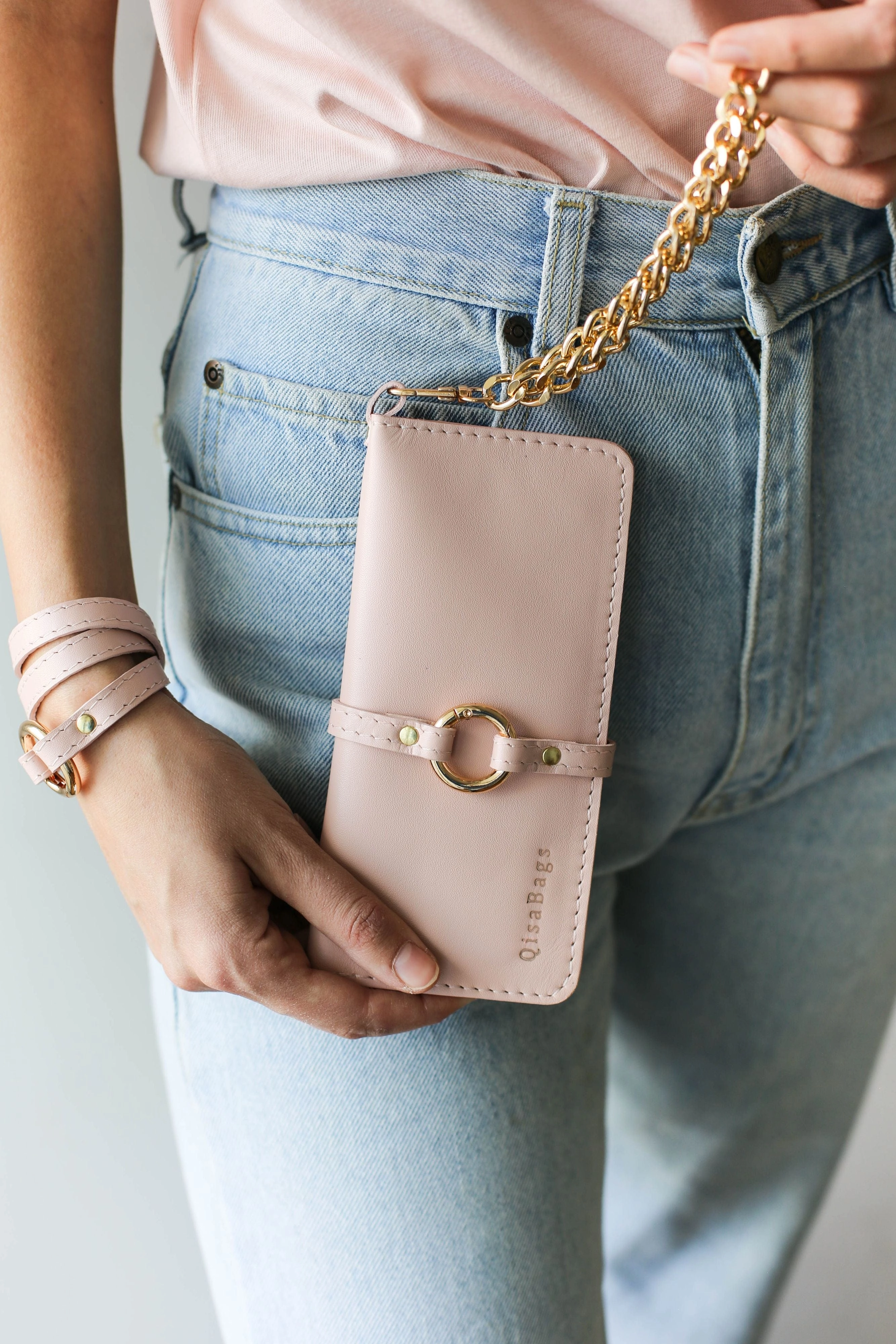 Women's Bifold Pink Leather Wallet - N01 - Ring Closure