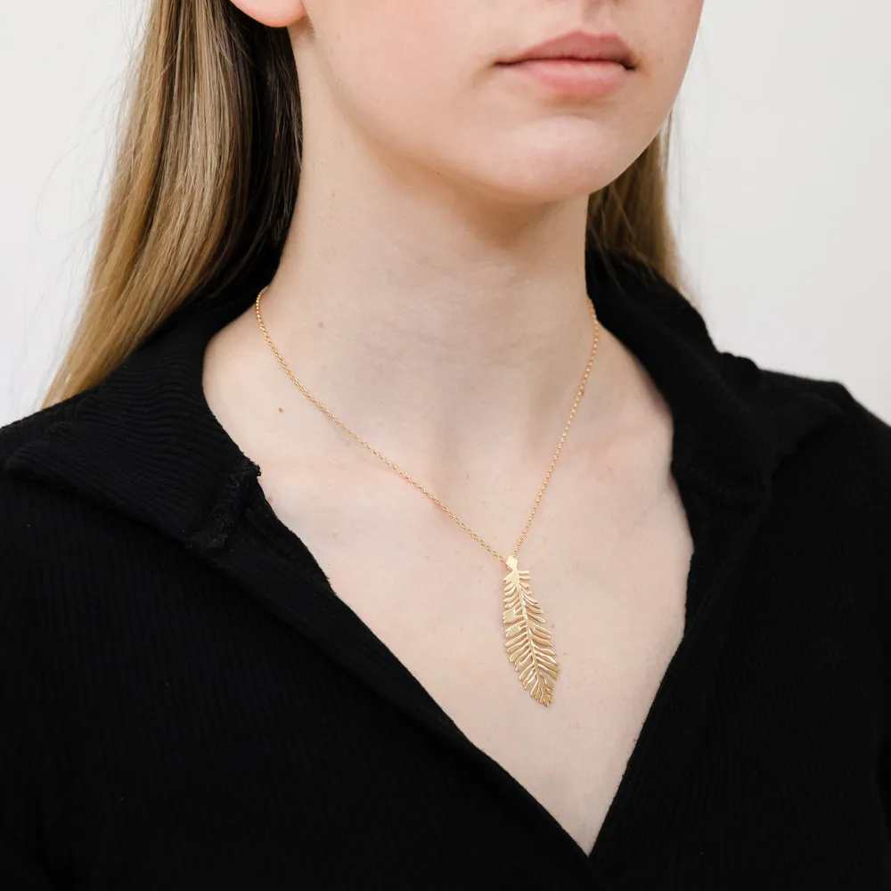 Yellow Gold Plated Sterling Silver Verticle Feather pendant On 45cm Chain